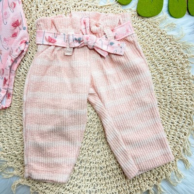 Conj. Body Manga Longa Floral e Calça com Cinto - Rosa e Pêssego 